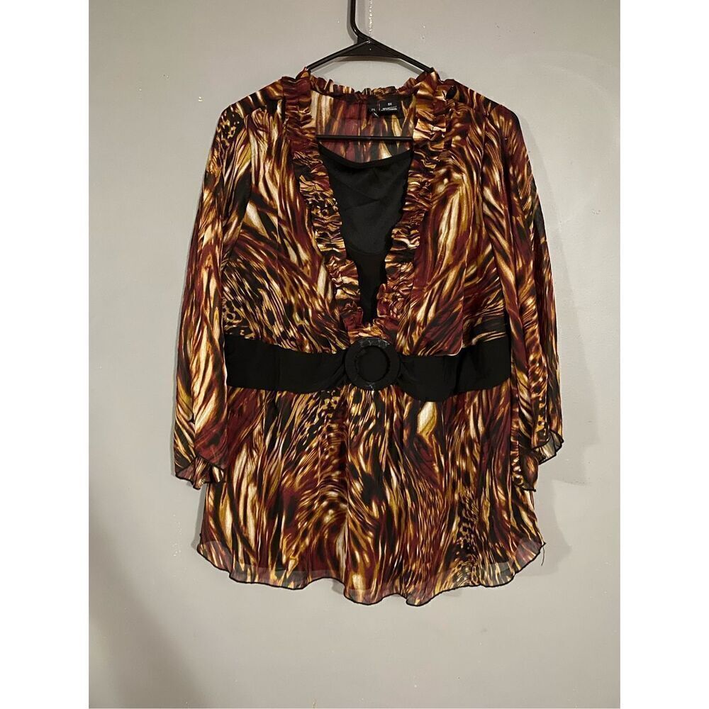 New Directions Animal Print Faux Belt Built In Shirt Ruffles Long Sleeve3X